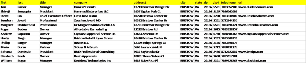 This is an example of a Business Mailing List in an excel / .csv file format. 