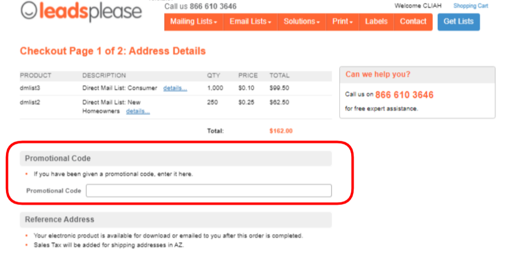 LeadsPlease Promotional Code should be entered in the 'Promotional Code' box at Checkout. 